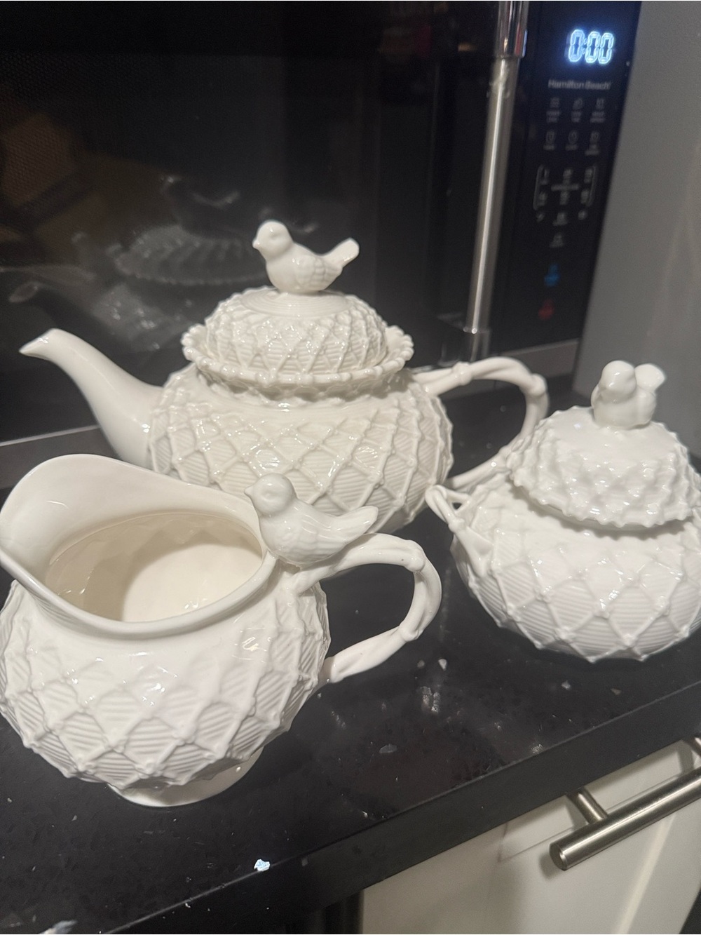 Grace’s White Ceramic Bird Teapot, Sugar Bowl & Creamer Set